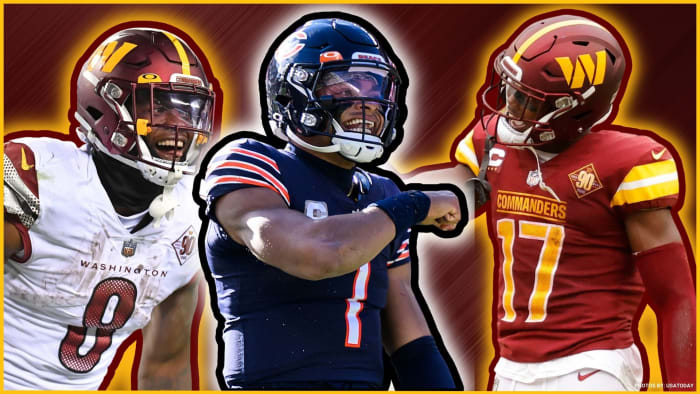 Could Washington Commanders running back Brian Robinson Jr. (left) and receiver Terry McLaurin (right) be joined by Chicago Bears quarterback Justin Fields (center)?